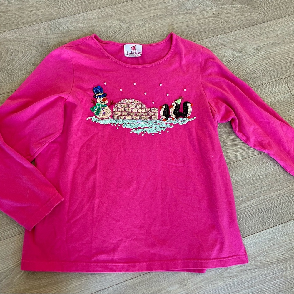 Quacker Factory Women’s XL Holiday Shirt Pink Long Sleeve Igloo Penguins
